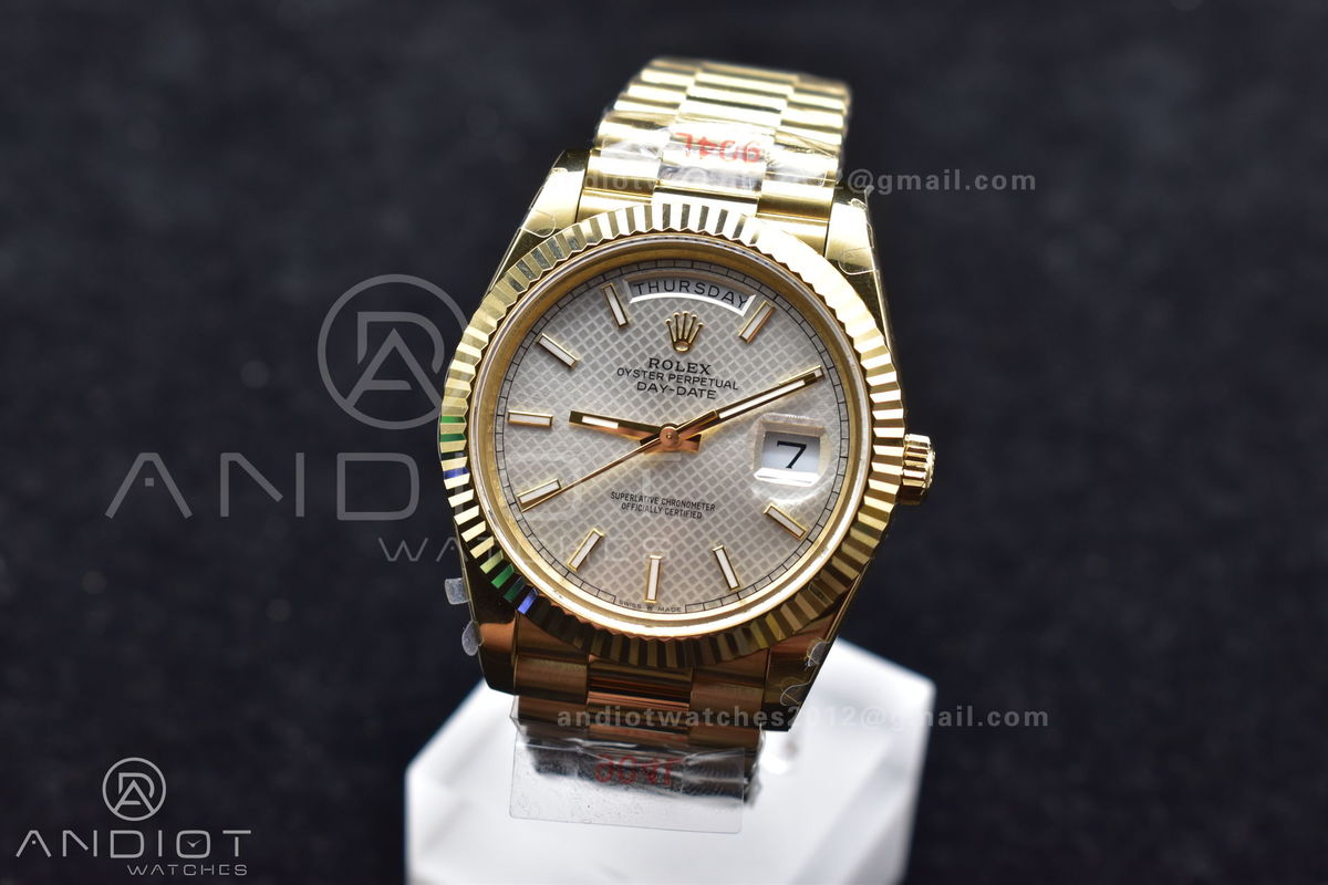 DayDate 40 YG GMF Plated 904L Steel Checked Dial Crystal Markers On President Bracelet A2836 V2